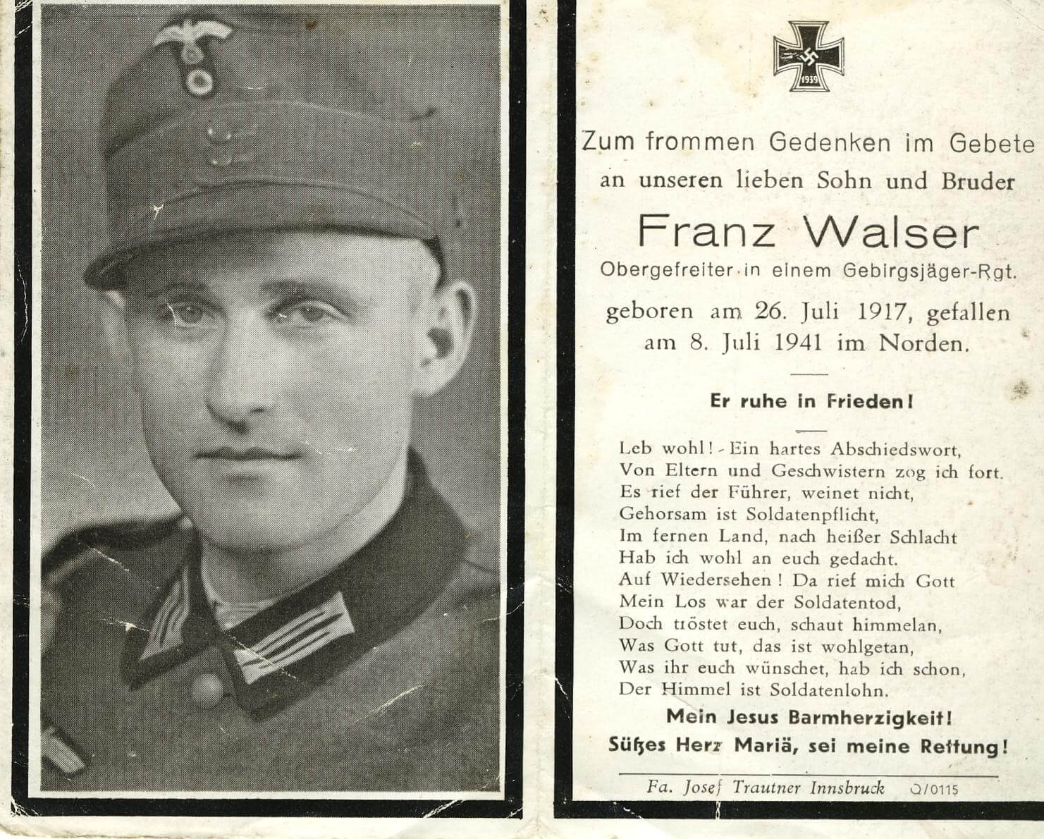 Bidprentje van een Duitse soldaat uit 1941 met uittreksel gravenregister
