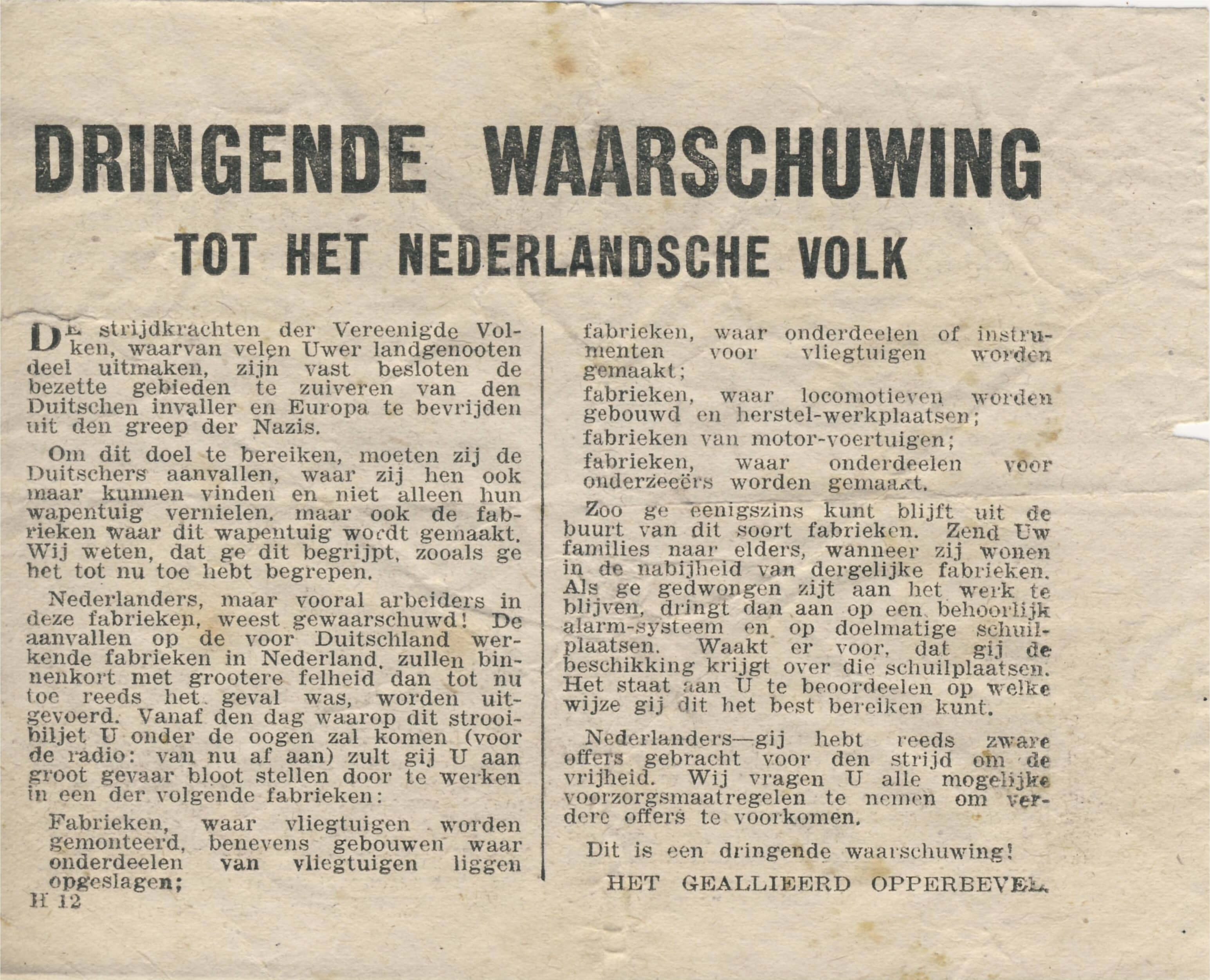 Strooi pamflet verzwaring bombardementen 1944 Wo2