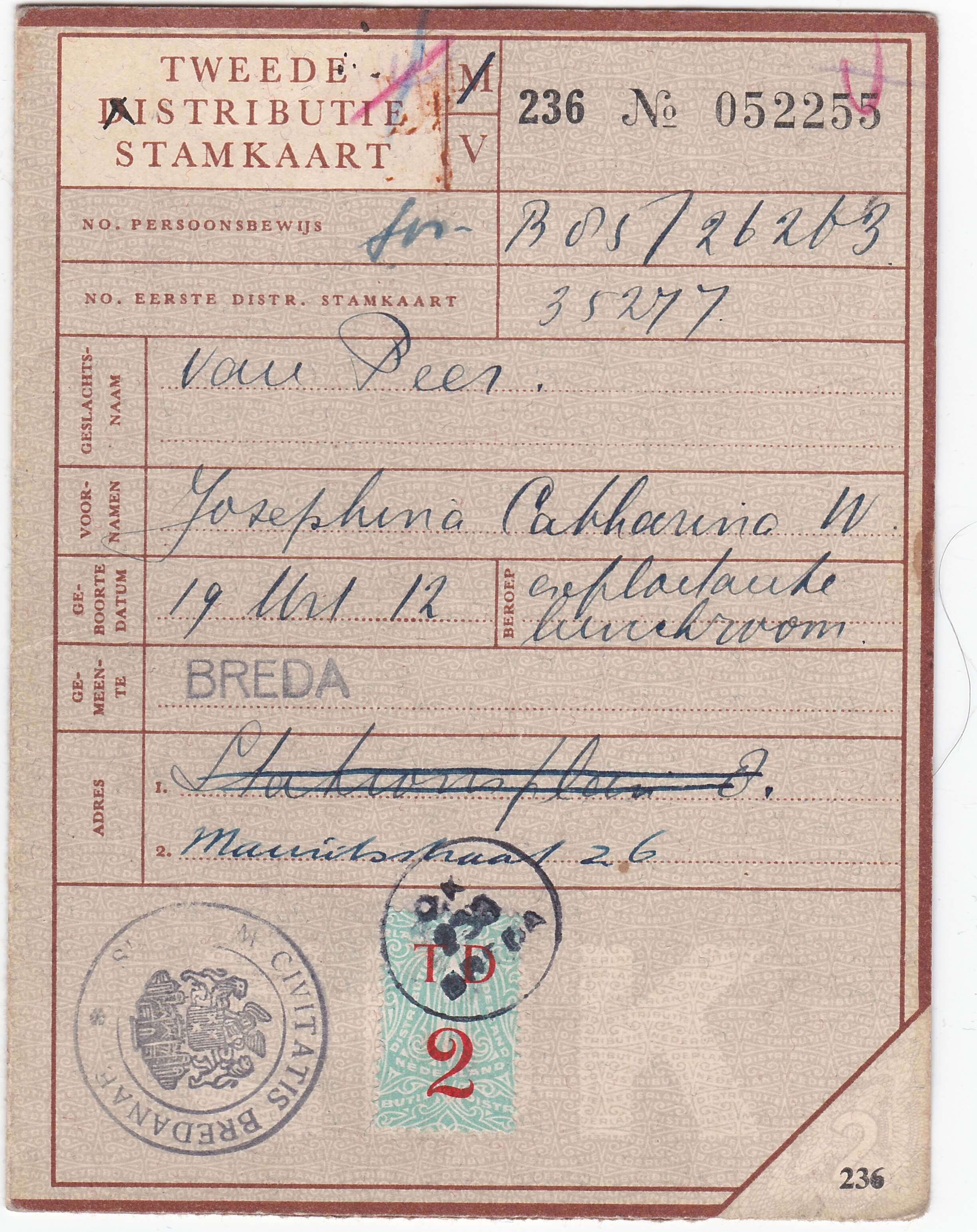 Tweede distributie stamkaart uit de tweede wereldoorlog