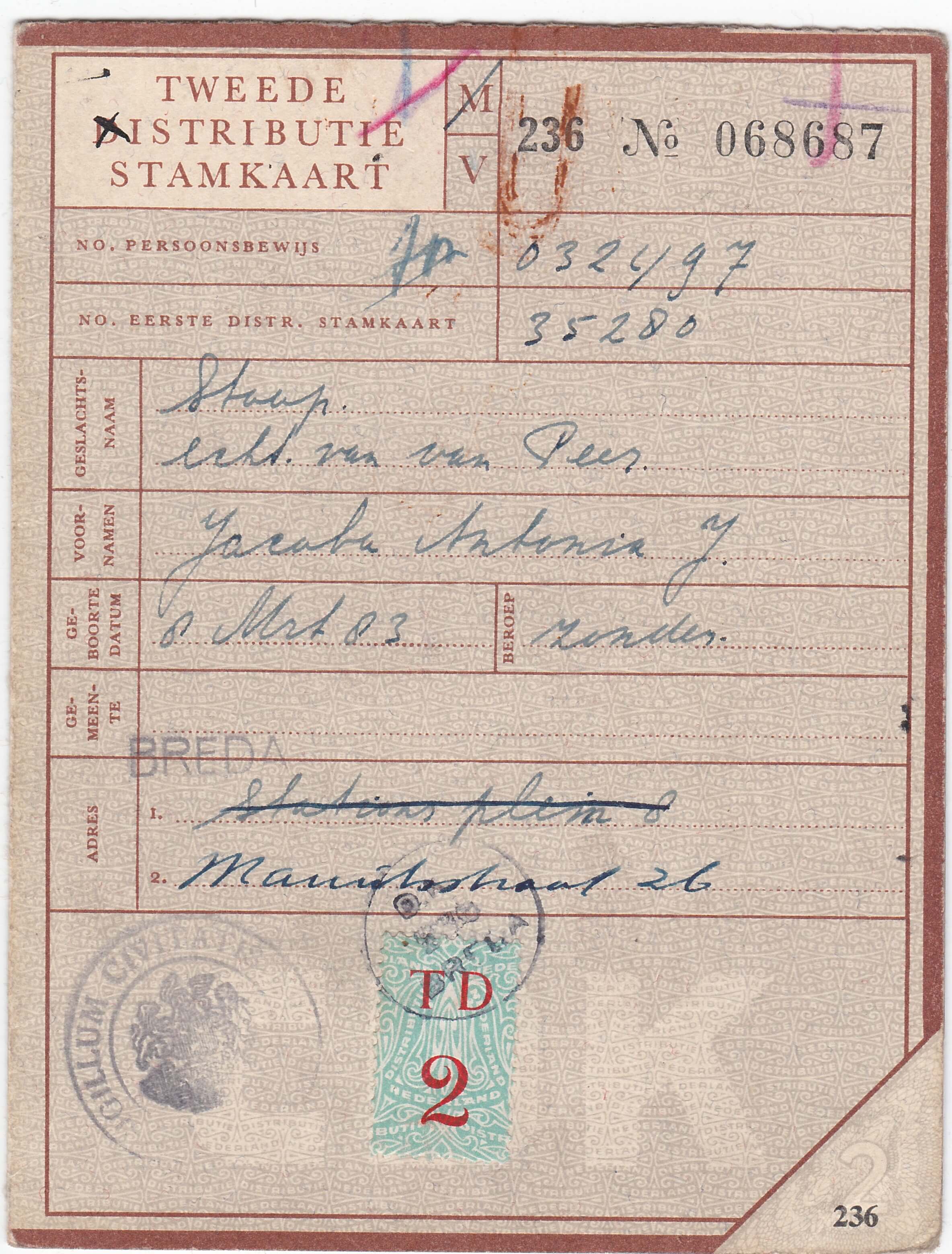 Tweede distributie stamkaart uit de tweede wereldoorlog
