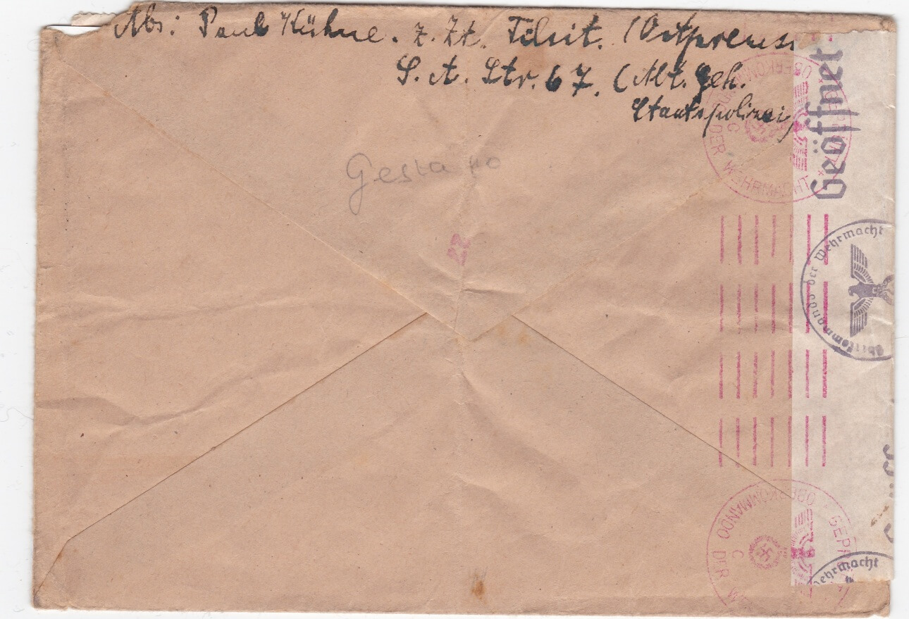 Gestapo envelop Paul Kühne uit Tilsit